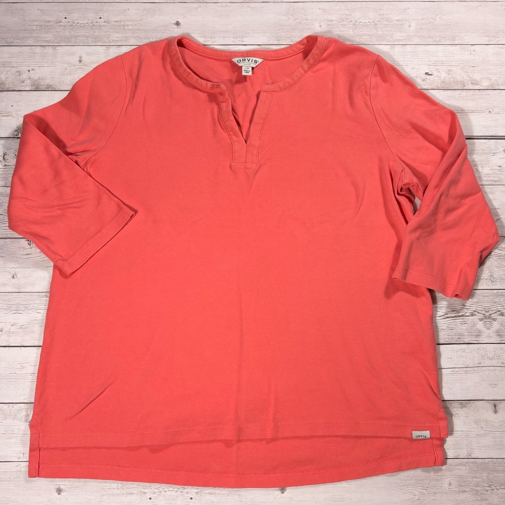 Orvis Classic Collection Coral Pink Pima Cotton 3/4 Sleeve V-Neck Top Large - Picture 4 of 16